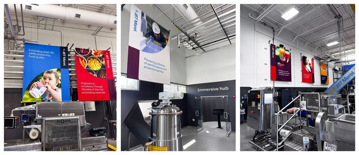 A collage of the hanging banners, wall-mounted signage, and wayfinding wall graphics around the factory floor.